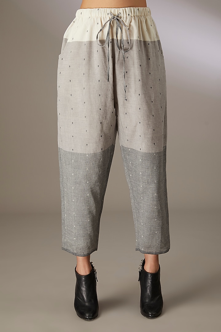Grey Handloom Dotted Jamdani Pants by Urvashi Kaur at Pernia's Pop Up Shop