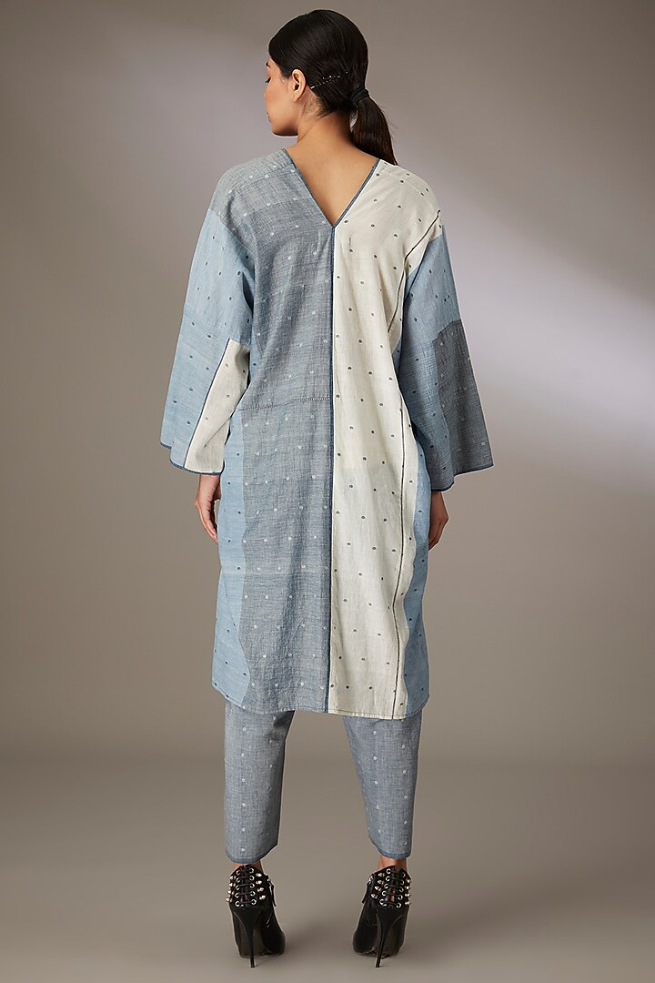 Blue Handloom Dotted Jamdani Vacation Dress by Urvashi Kaur at Pernia's Pop Up Shop