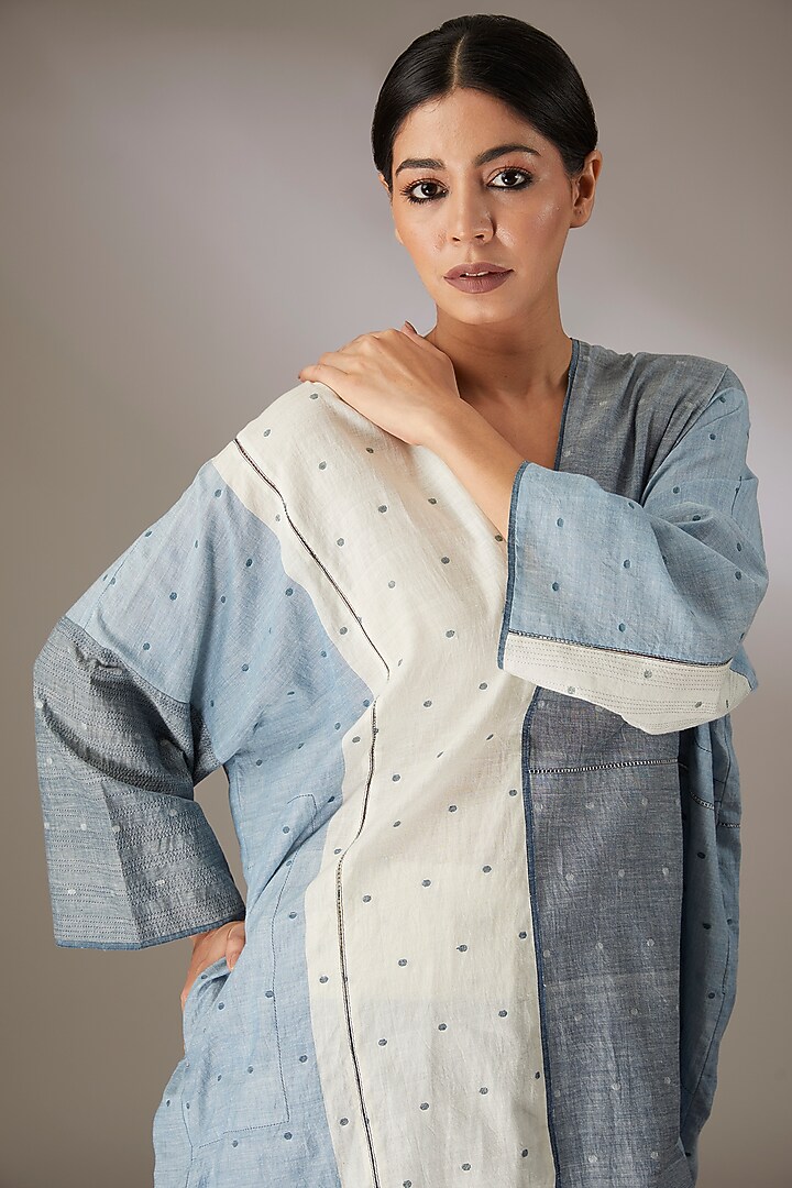 Blue Handloom Dotted Jamdani Vacation Dress by Urvashi Kaur at Pernia's Pop Up Shop