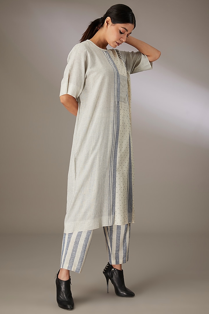 Blue Handloom Striped Cotton Bead Work Shift Dress by Urvashi Kaur at Pernia's Pop Up Shop