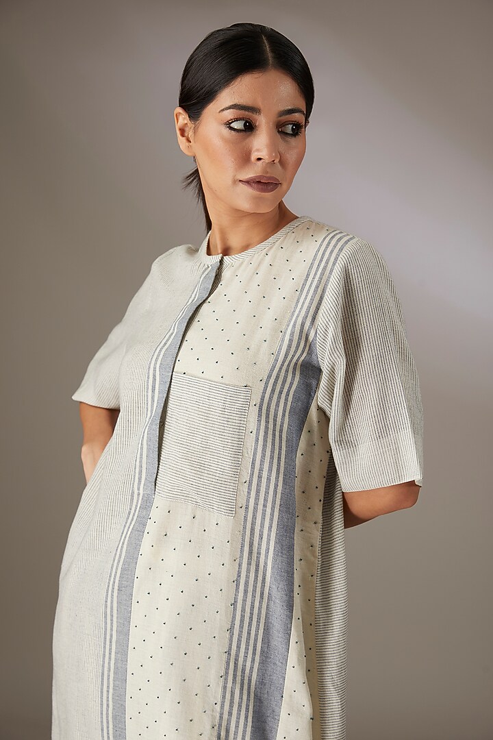 Blue Handloom Striped Cotton Bead Work Shift Summer Dress by Urvashi Kaur at Pernia's Pop Up Shop