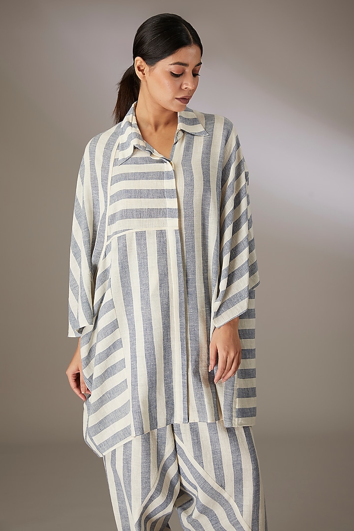 Blue Handspun Cotton Striped Shirt by Urvashi Kaur at Pernia's Pop Up Shop