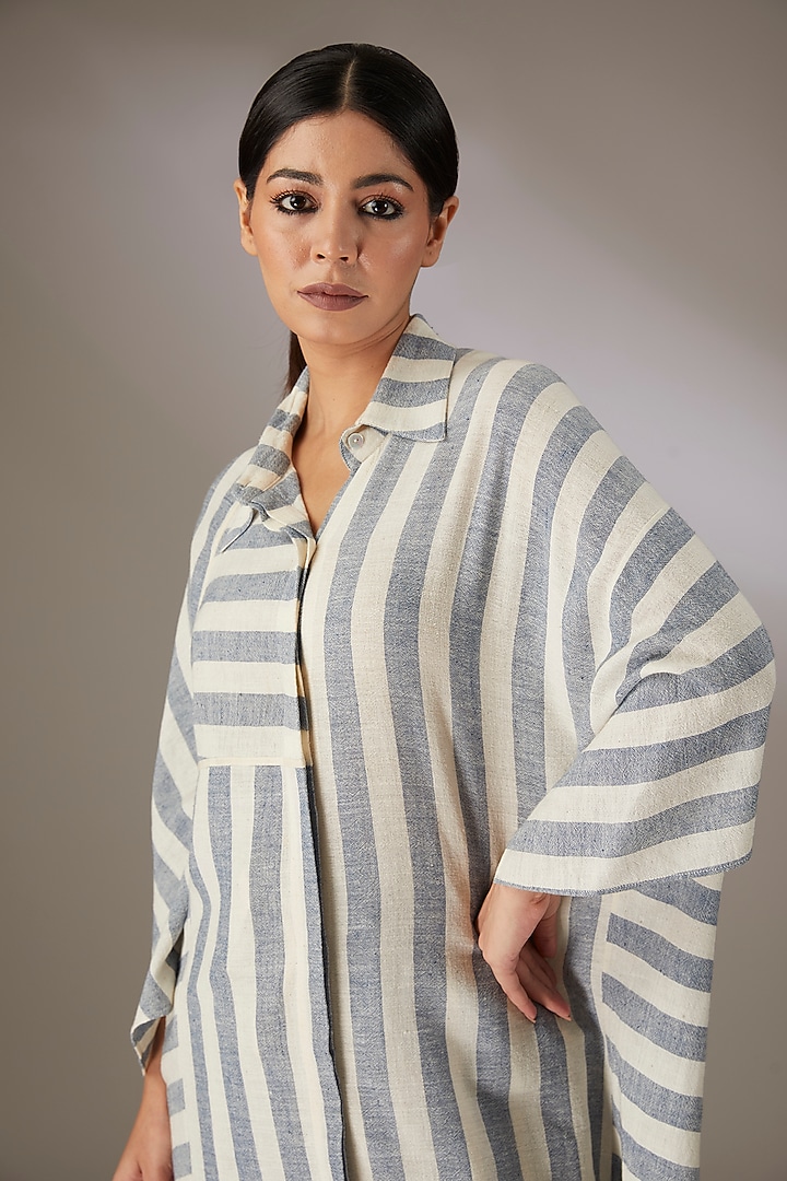 Blue Handspun Cotton Striped Shirt by Urvashi Kaur at Pernia's Pop Up Shop