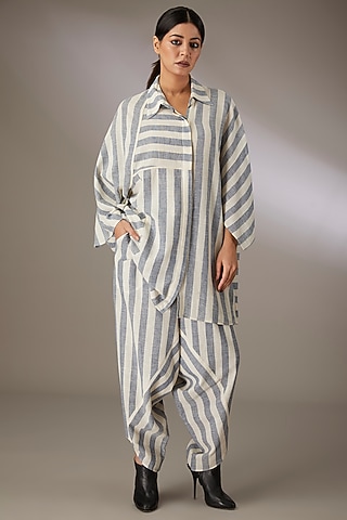 Blue Handspun Cotton Striped Dhoti Salwar Pants by Urvashi Kaur