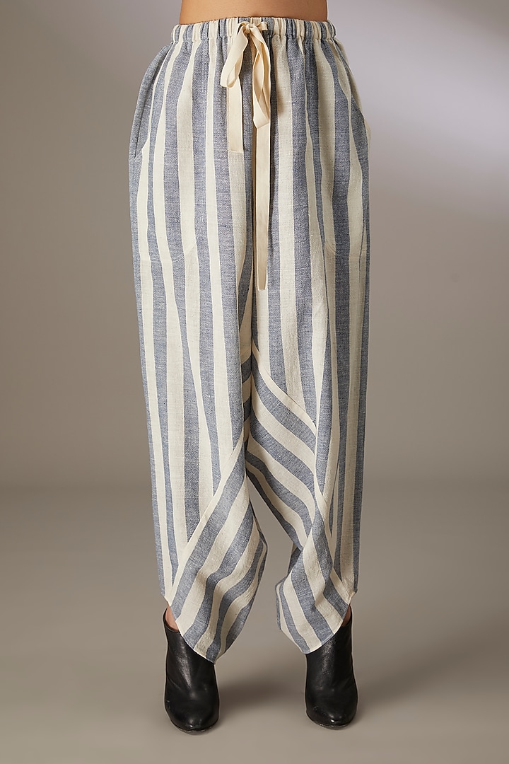 Blue Handspun Cotton Striped Dhoti Salwar Pants by Urvashi Kaur at Pernia's Pop Up Shop