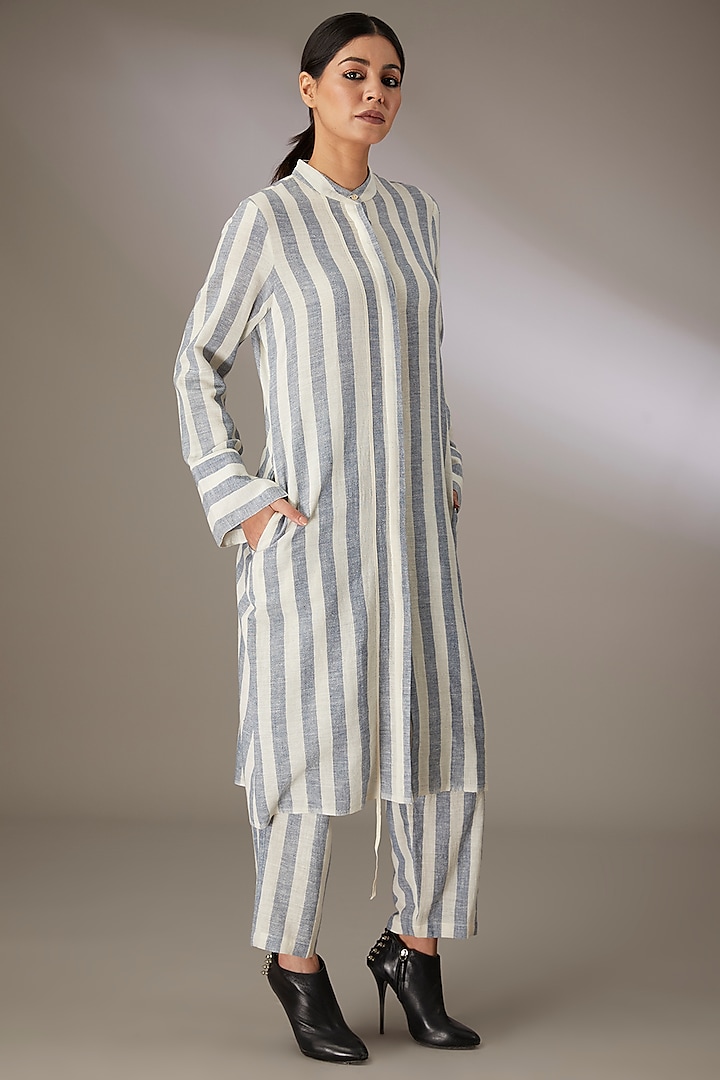 Blue Handspun Cotton Striped Tunic by Urvashi Kaur at Pernia's Pop Up Shop