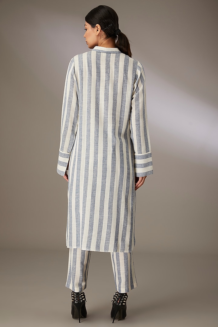 Blue Handspun Cotton Striped Tunic by Urvashi Kaur at Pernia's Pop Up Shop