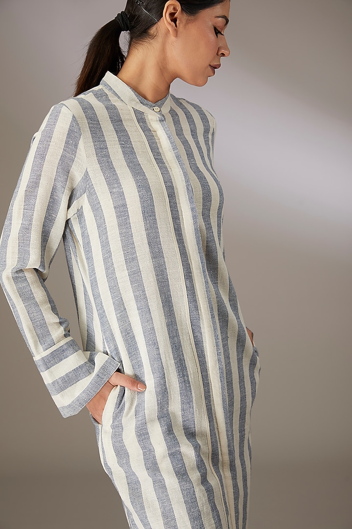 Blue Handspun Cotton Striped Tunic by Urvashi Kaur at Pernia's Pop Up Shop