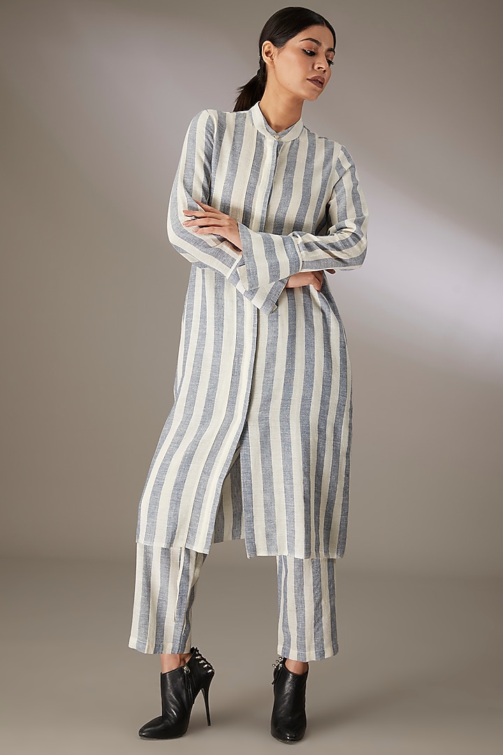 Blue Handspun Cotton Striped Pants by Urvashi Kaur at Pernia's Pop Up Shop