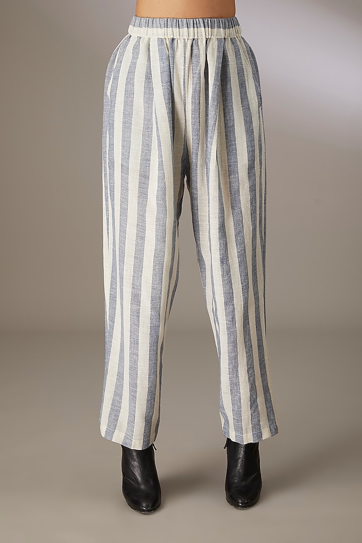 Blue Handspun Cotton Striped Pants by Urvashi Kaur at Pernia's Pop Up Shop