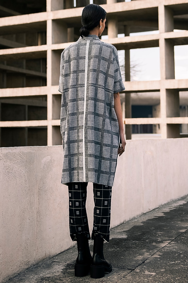 Slate Grey Hand Spun Cotton Checkered Long Shirt by Urvashi Kaur at Pernia's Pop Up Shop