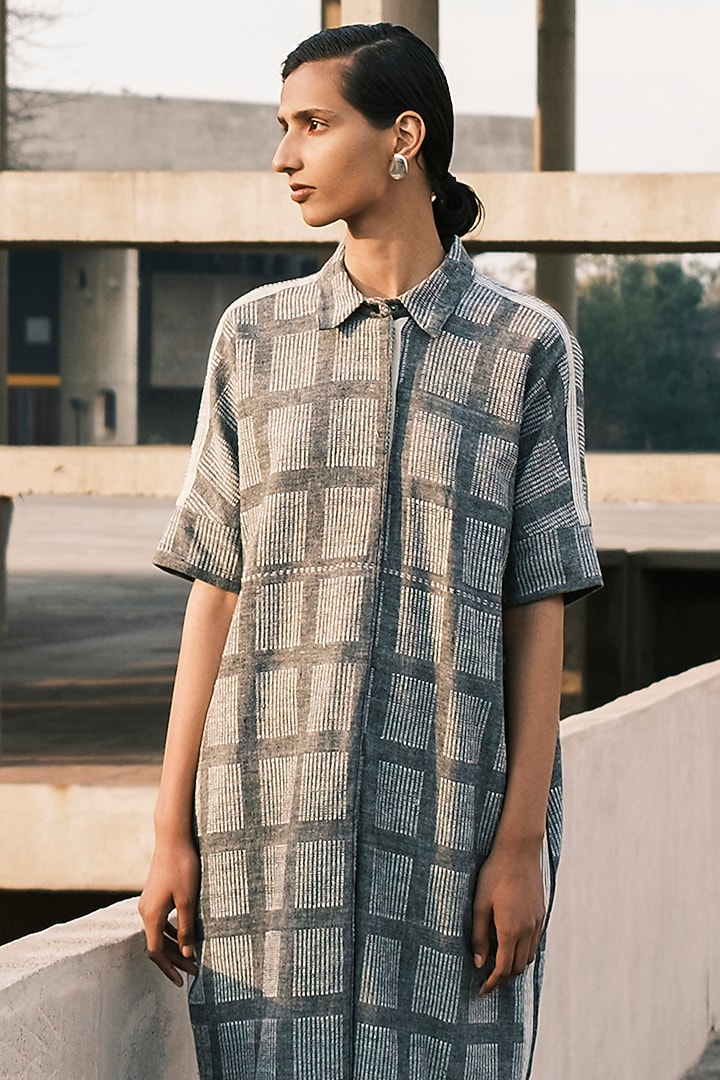Slate Grey Hand Spun Cotton Checkered Long Shirt by Urvashi Kaur at Pernia's Pop Up Shop