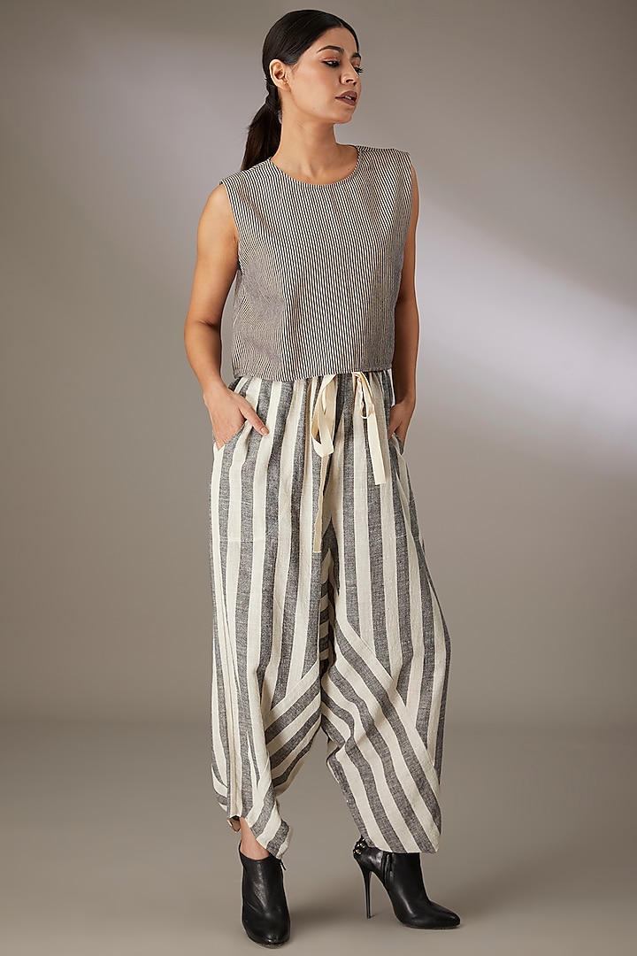 Grey Handspun Cotton Striped Dhoti Salwar Pants by Urvashi Kaur