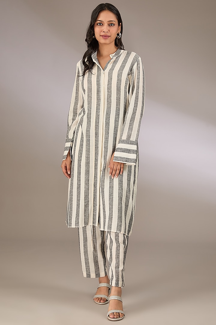 Grey Handspun Cotton Striped Tunic by Urvashi Kaur at Pernia's Pop Up Shop