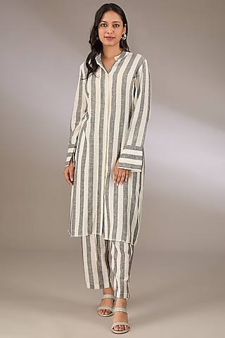 Grey Handspun Cotton Striped Tunic by Urvashi Kaur