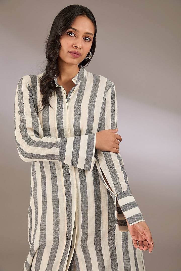 Grey Handspun Cotton Striped Tunic by Urvashi Kaur at Pernia's Pop Up Shop