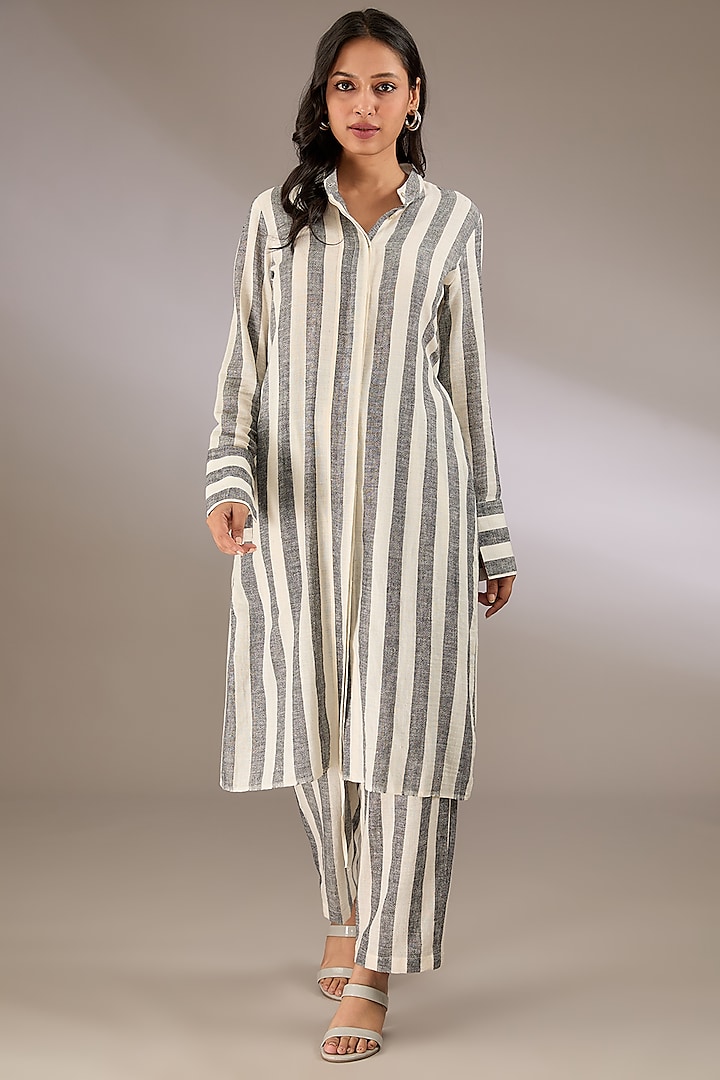 Grey Handspun Cotton Striped Pants by Urvashi Kaur at Pernia's Pop Up Shop