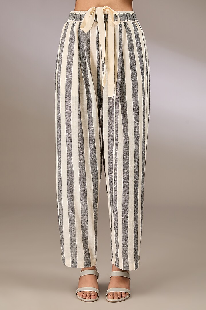 Grey Handspun Cotton Striped Pants by Urvashi Kaur at Pernia's Pop Up Shop
