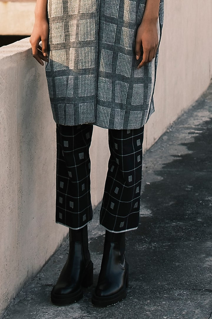 Slate Grey Hand Spun Cotton Checkered Pants by Urvashi Kaur at Pernia's Pop Up Shop