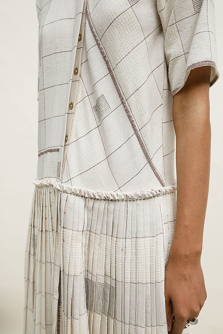 Cream Shell Hand Spun Cotton Block Printed Pleated Midi Cocktail Dress by Urvashi Kaur at Pernia's Pop Up Shop