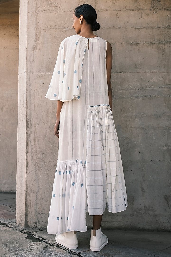 Cream Shell Hand Spun Cotton Silk Striped Asymmetric Maxi Vacation Dress by Urvashi Kaur at Pernia's Pop Up Shop