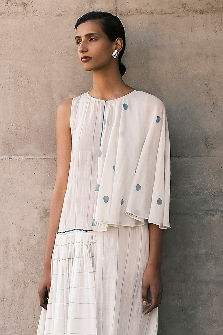 Cream Shell Hand Spun Cotton Silk Striped Asymmetric Maxi Vacation Dress by Urvashi Kaur at Pernia's Pop Up Shop