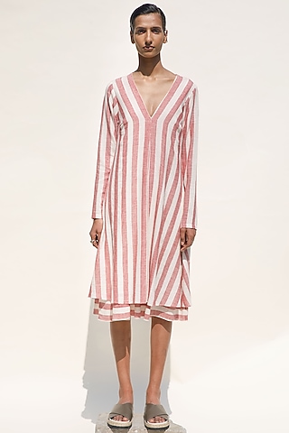 Ecru & Brick Hand Spun Cotton Striped Resort Dress by Urvashi Kaur