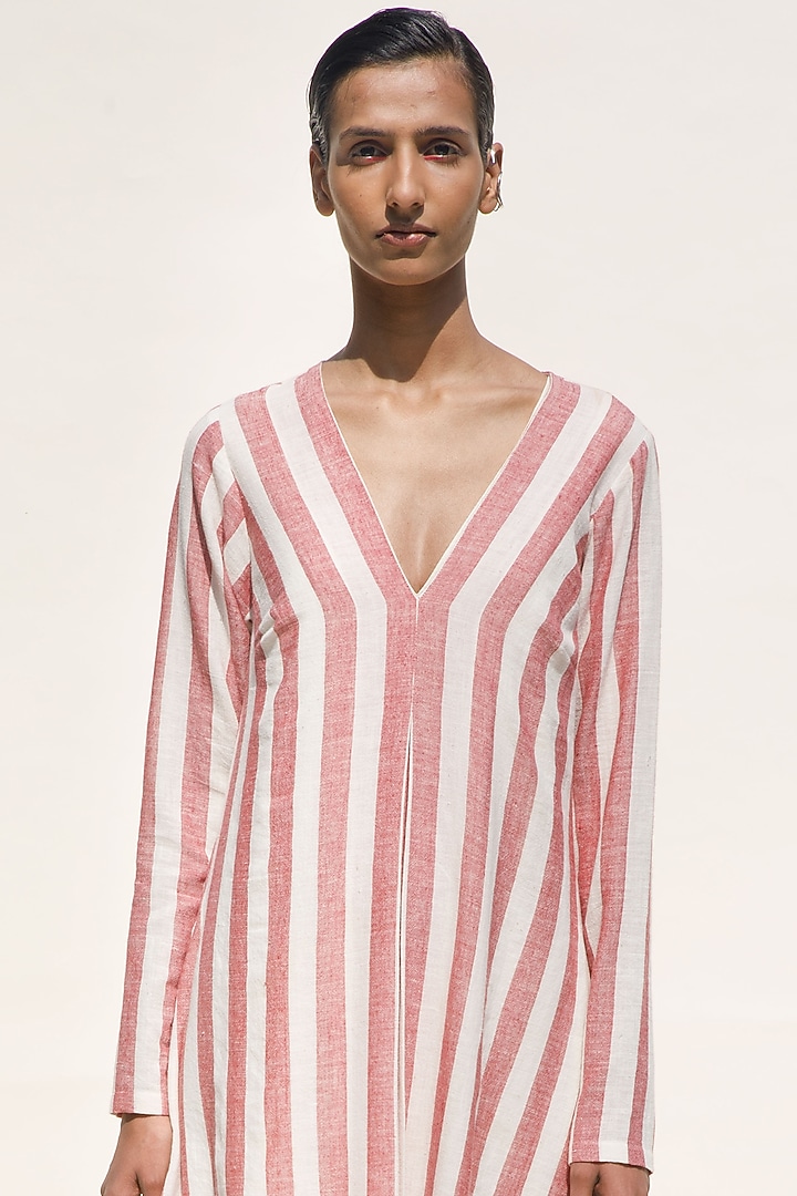 Ecru & Brick Hand Spun Cotton Striped Resort Vacation Dress by Urvashi Kaur at Pernia's Pop Up Shop