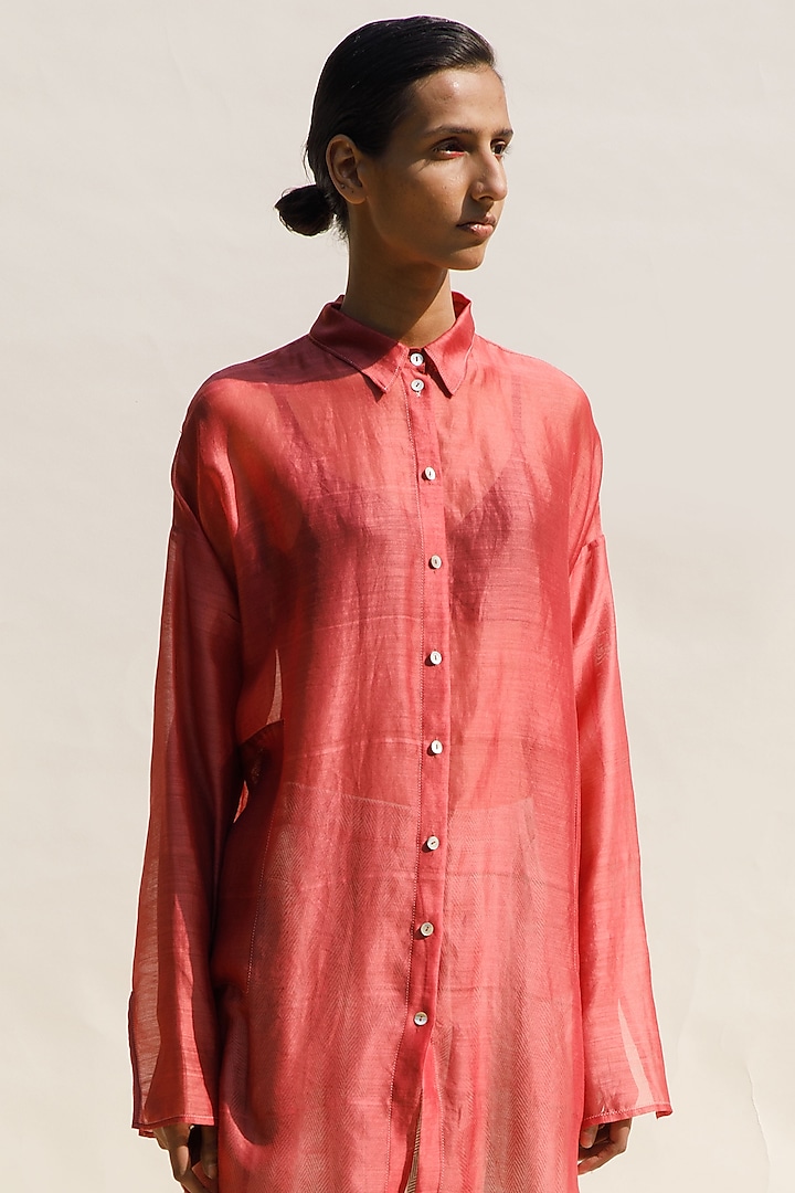 Brick Chanderi Cotton Silk Button Down Sheer Shirt by Urvashi Kaur