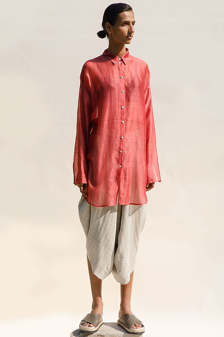 Brick Chanderi Cotton Silk Button Down Sheer Shirt by Urvashi Kaur at Pernia's Pop Up Shop