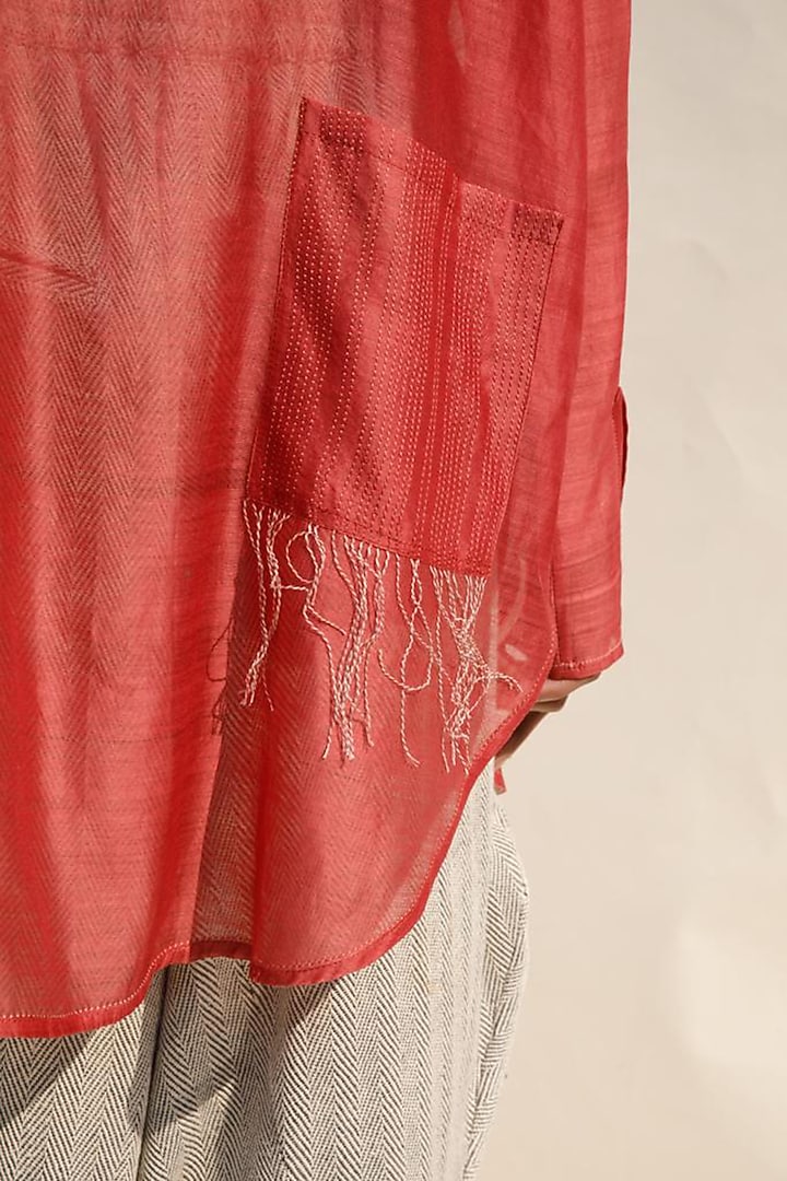 Brick Chanderi Cotton Silk Button Down Sheer Shirt by Urvashi Kaur at Pernia's Pop Up Shop