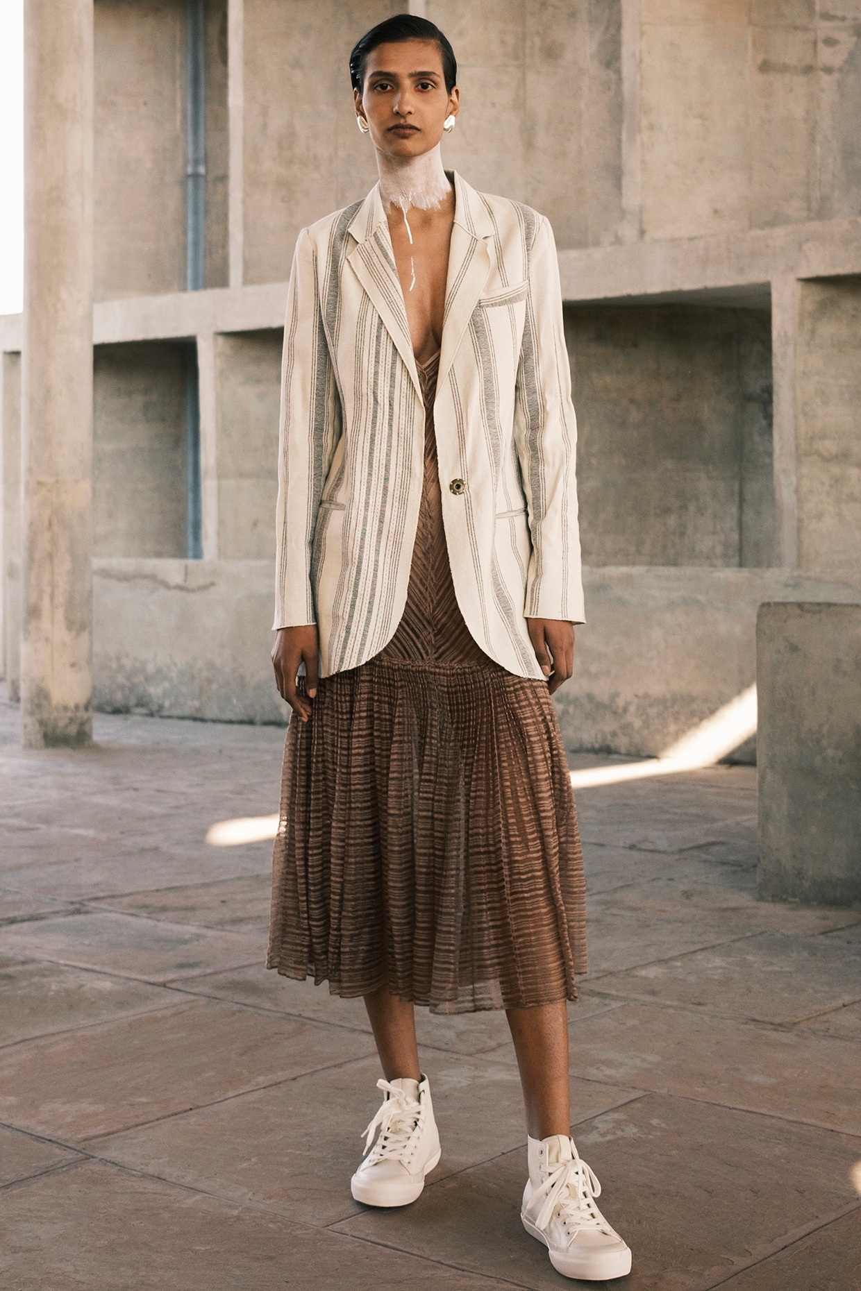 Nude Linen Noil Hand Micro Pleated Dress by Urvashi Kaur at