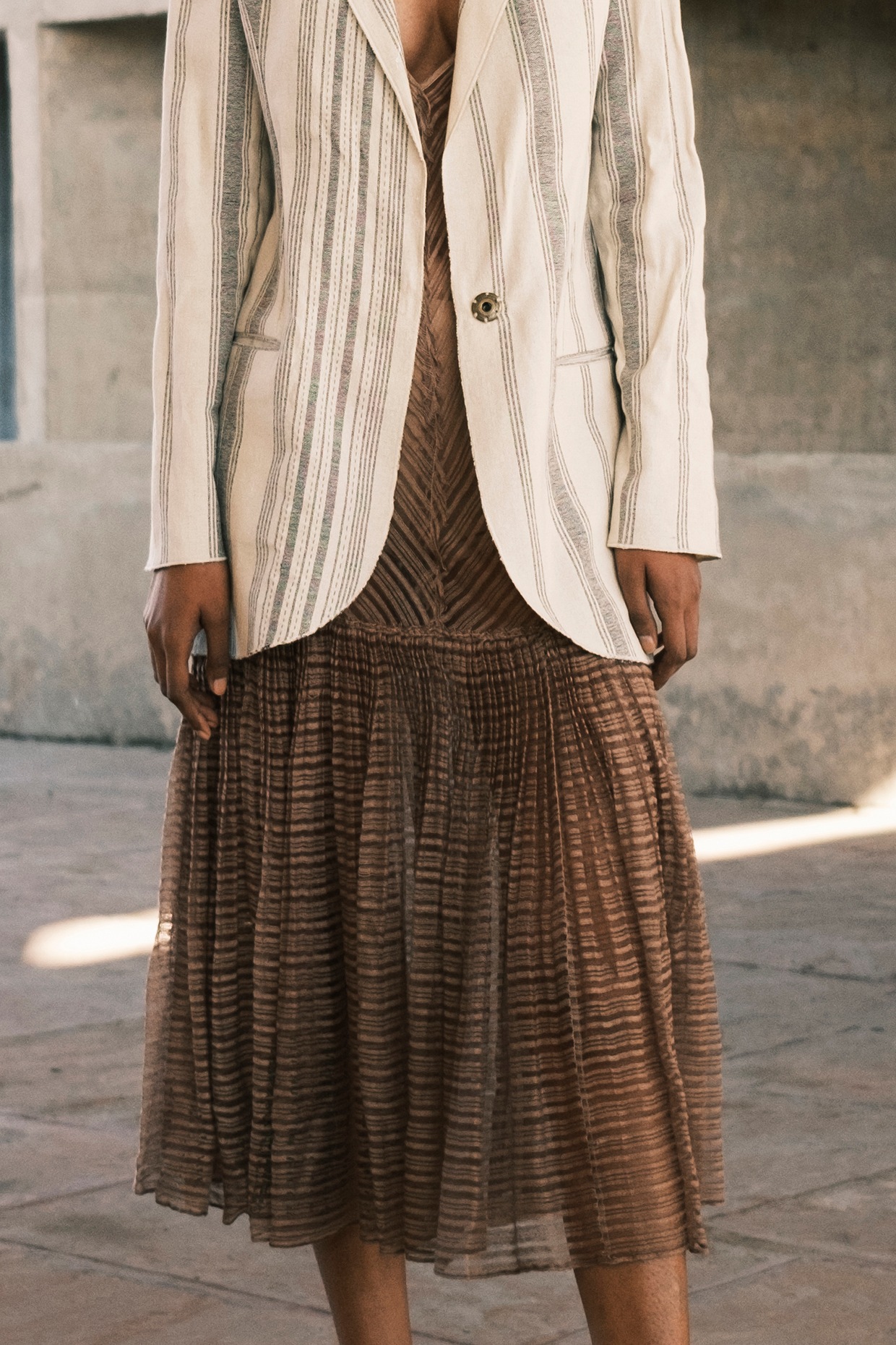 Nude Linen Noil Hand Micro Pleated Dress by Urvashi Kaur at