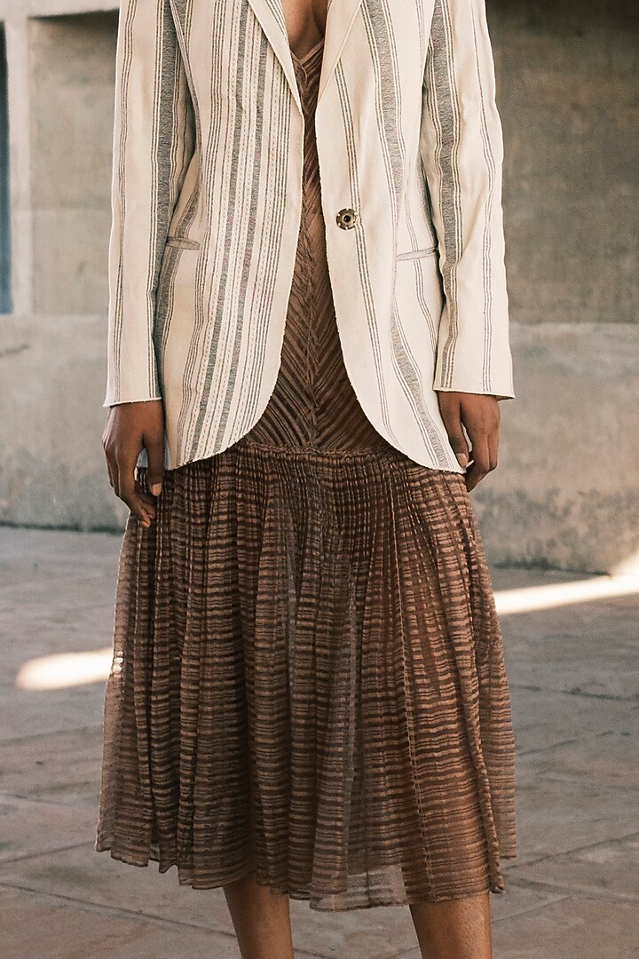 Nude Linen Noil Hand Micro Pleated Vacation Dress by Urvashi Kaur at Pernia's Pop Up Shop