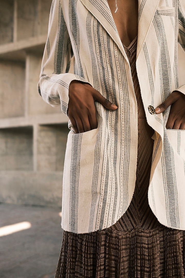 Shell Colored Handloom Cotton Striped Jacket by Urvashi Kaur at Pernia's Pop Up Shop
