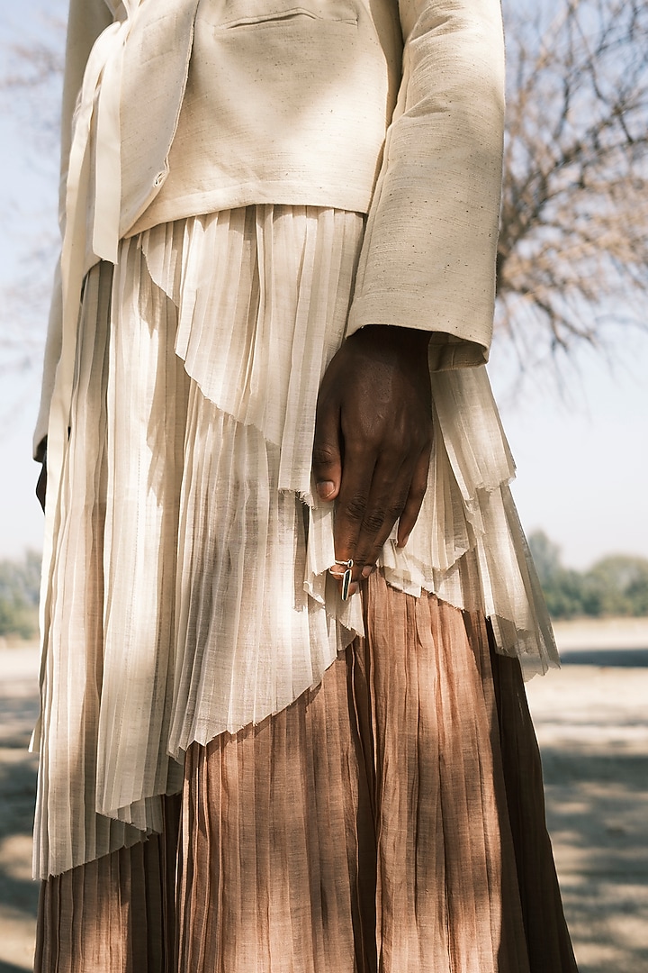 Cream Shell & Nude Chanderi Cotton Silk Pleated Asymmetric Maxi Party Wear Dress by Urvashi Kaur at Pernia's Pop Up Shop