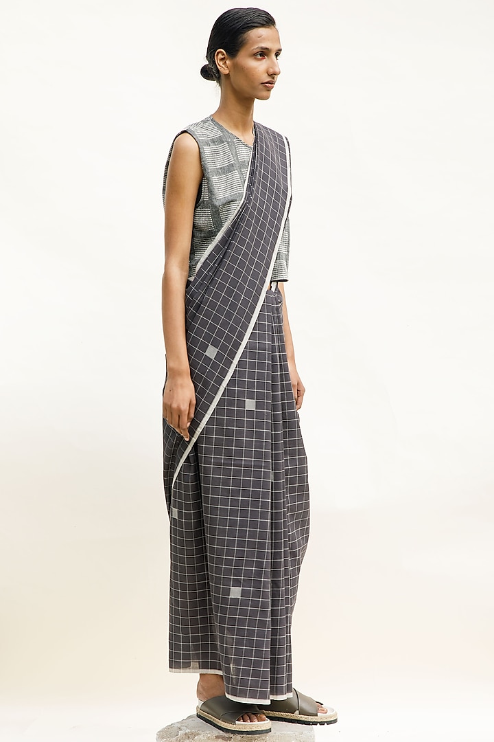 Slate Colored Handloom Cotton & Linen Silk Jersey Checkered Blouse by Urvashi Kaur at Pernia's Pop Up Shop