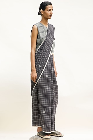 Slate Colored Handloom Cotton & Linen Silk Jersey Checkered Blouse by Urvashi Kaur