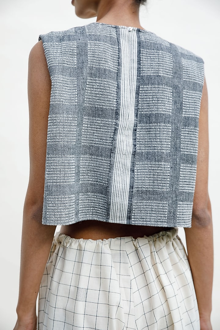 Slate Colored Handloom Cotton & Linen Silk Jersey Checkered Blouse by Urvashi Kaur at Pernia's Pop Up Shop