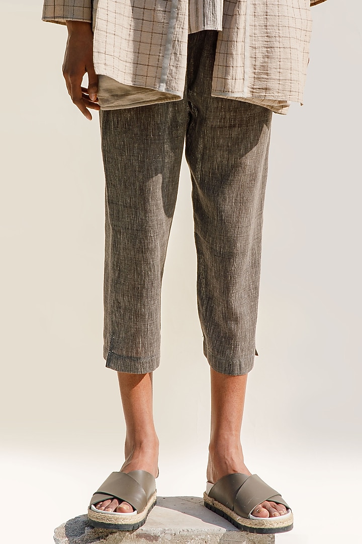 Charcoal Grey Kala Cotton Striped Crop Pants by Urvashi Kaur at Pernia's Pop Up Shop