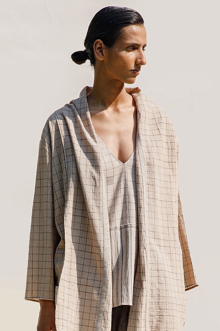 Nude Handwoven Organic Cotton Checkered Jacket by Urvashi Kaur