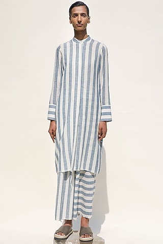 Shell & Indigo Handspun Cotton Button-Down Striped Tunic by Urvashi Kaur