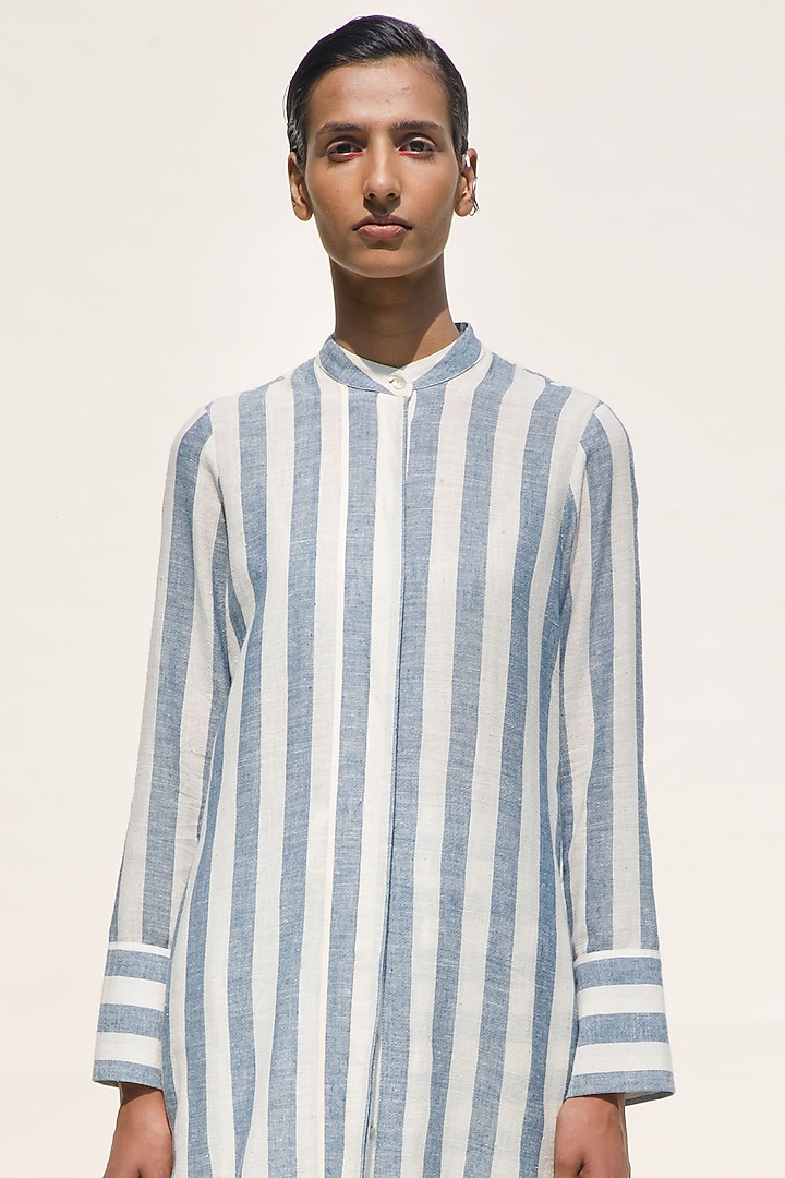 Shell & Indigo Handspun Cotton Button-Down Striped Tunic by Urvashi Kaur at Pernia's Pop Up Shop