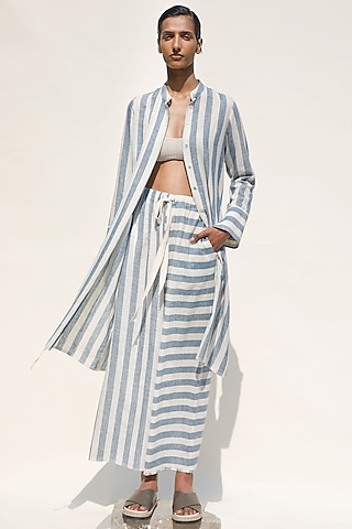 Shell & Indigo Handspun Cotton Stripe Printed Lateral Lounge Pants by Urvashi Kaur