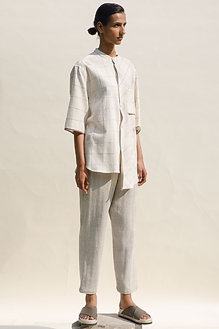 Shell Colored Handspun Cotton Block Printed Asymmetric Button Down Shirt by Urvashi Kaur