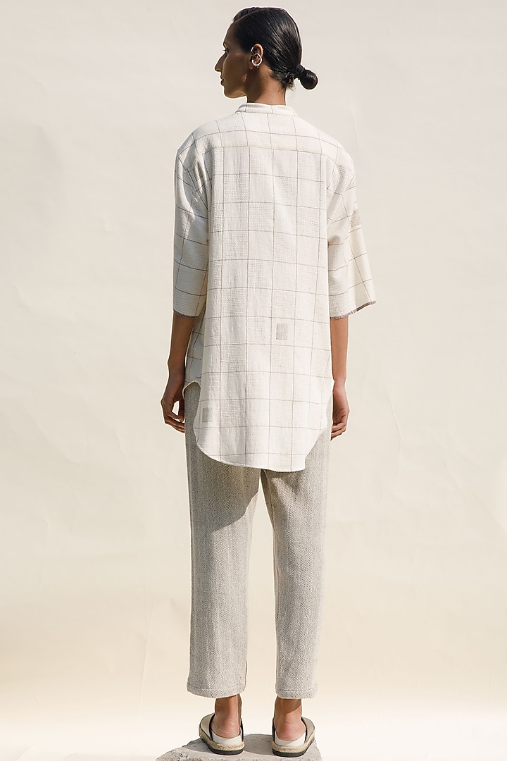 Shell Colored Handspun Cotton Block Printed Asymmetric Button Down Shirt by Urvashi Kaur at Pernia's Pop Up Shop