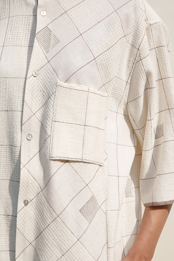 Shell Colored Handspun Cotton Block Printed Asymmetric Button Down Shirt by Urvashi Kaur at Pernia's Pop Up Shop