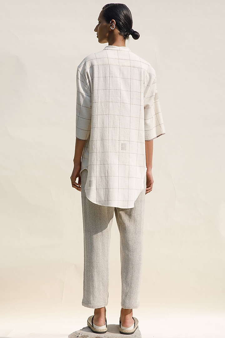 Shell Colored Handwoven Organic Cotton Khes Cropped Flared Pants by Urvashi Kaur at Pernia's Pop Up Shop