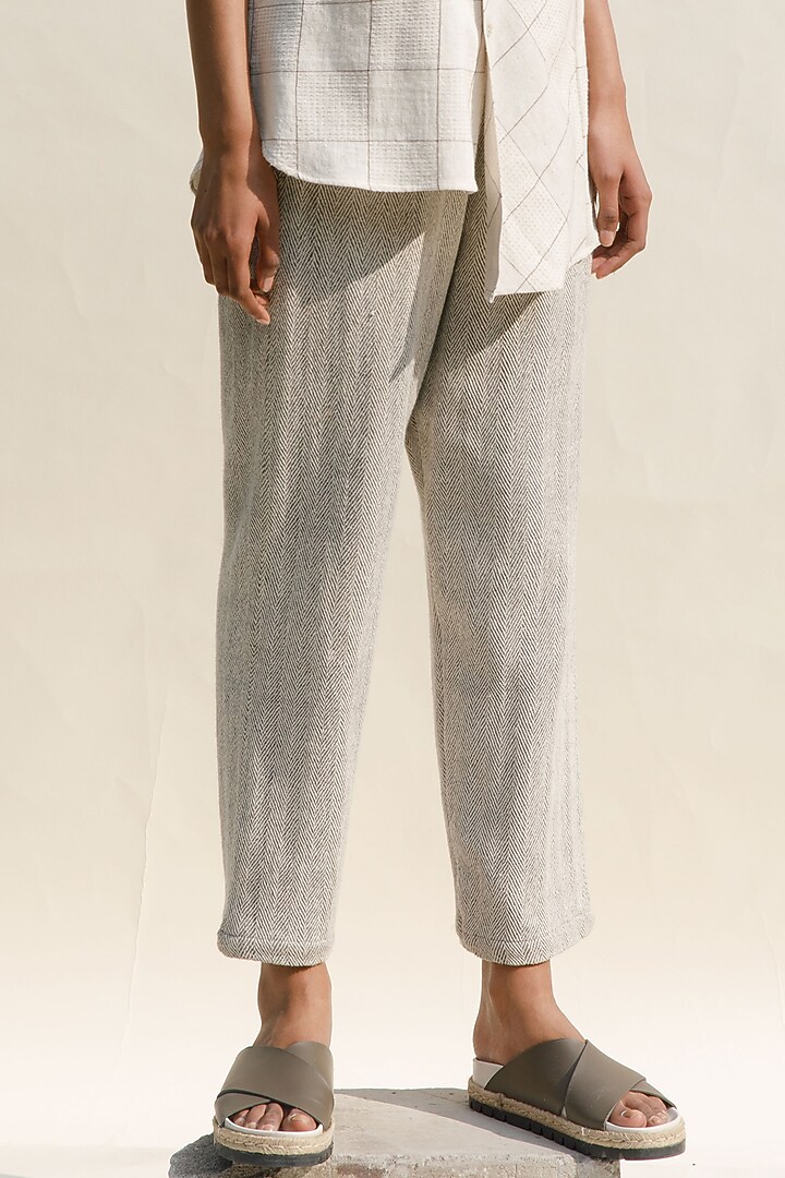 Shell Colored Handwoven Organic Cotton Khes Cropped Flared Pants by Urvashi Kaur at Pernia's Pop Up Shop