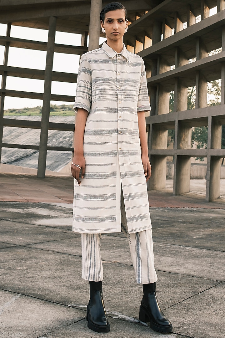 Shell Colored Handloom Cotton Asymmetric Button Down Shirt Dress by Urvashi Kaur